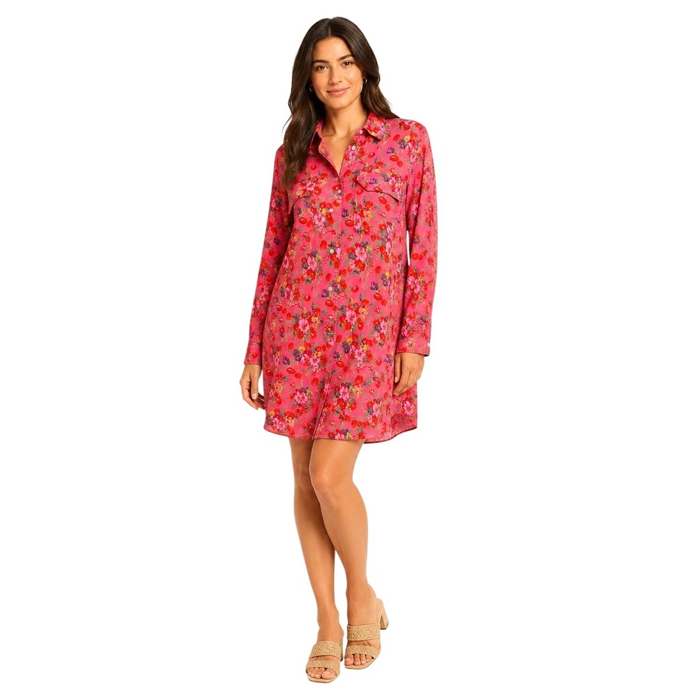 Gap NWOT Pink Floral Shirt Dress Long Sleeve Cotton Button Up Mini Rose Print S